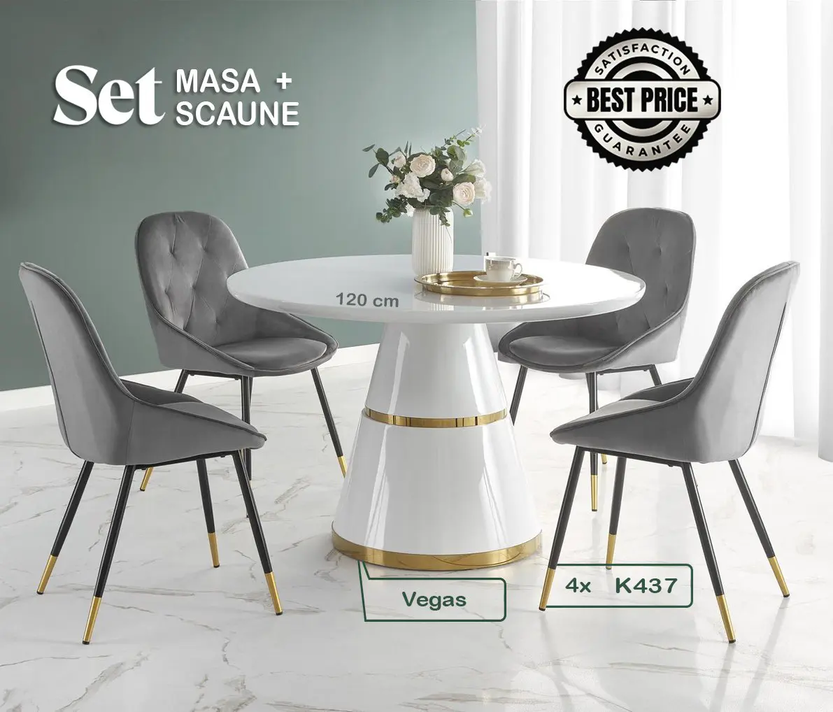 Set de sufragerie Halmar Vegas White/Gold + K437 Gray/Black/Gold (1+4)