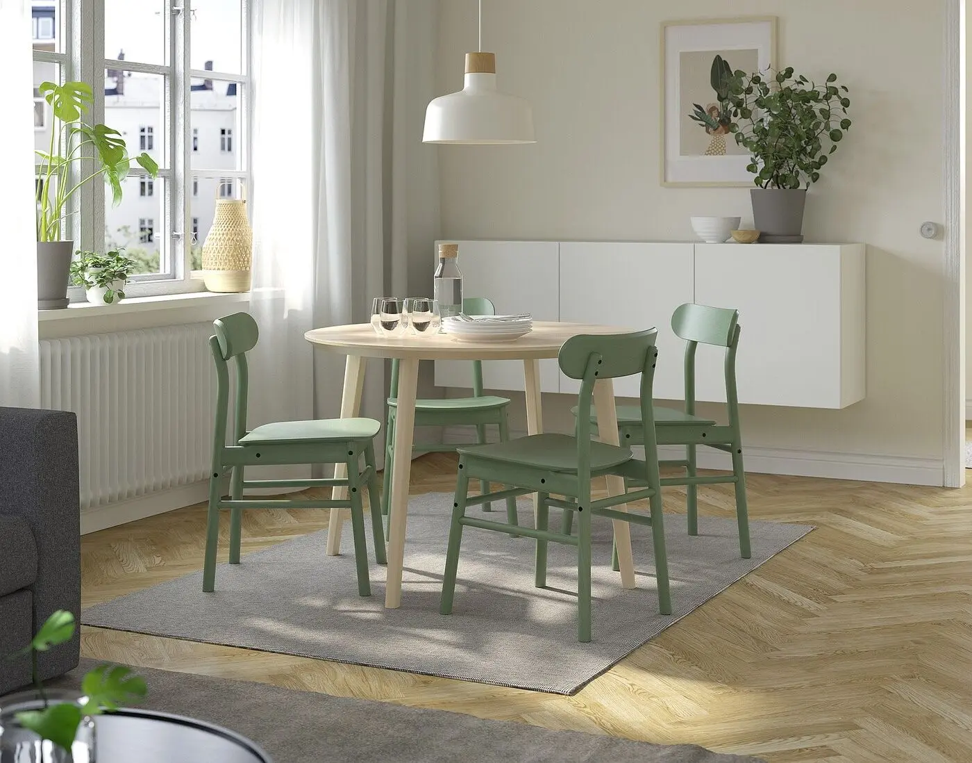 Set masa scaune Ikea Lisabo/Ronninge 105cm 1+4 (Furnir frasin/Verde)