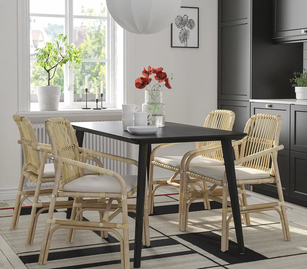 Обеденный набор Ikea Lisabo/Salno/Gransel 140x78см 1+4 (Черный/Ротанг/Натуральный)