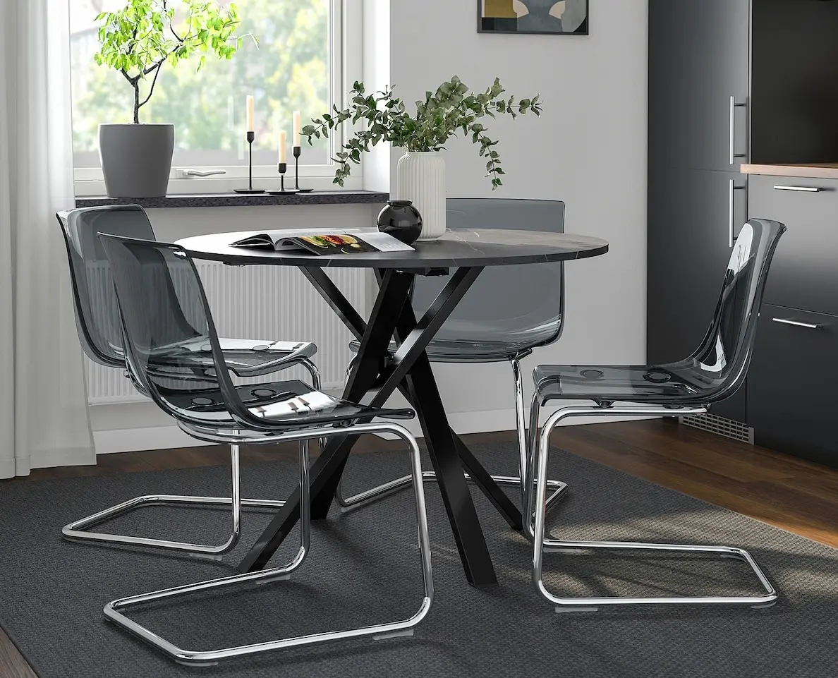 Set masa scaune Ikea Mariedamm/Tobias 105 1+4 (Aspect marmura neagra/Gri/Crom)