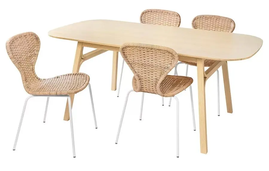 Set de sufragerie Ikea Voxlov/Alvsta 180x90cm 1+4 (Bambus deschis/Ratan/Alb)