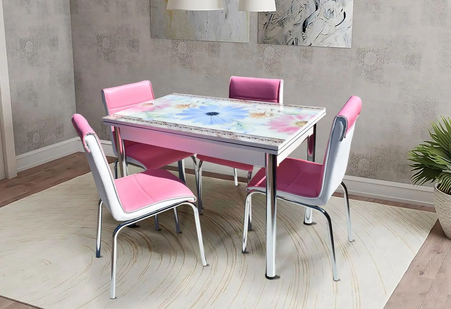 Обеденный набор Marcel Prod NR57 Pembe Mavi Cicek 1+4 (Pink/White/Silver)