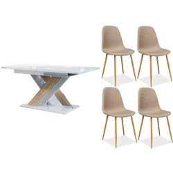 Set de sufragerie Mirjan24 Lezuma/Bronx White Gloss/Sonoma Oak + Signal Fox Beige/Oak