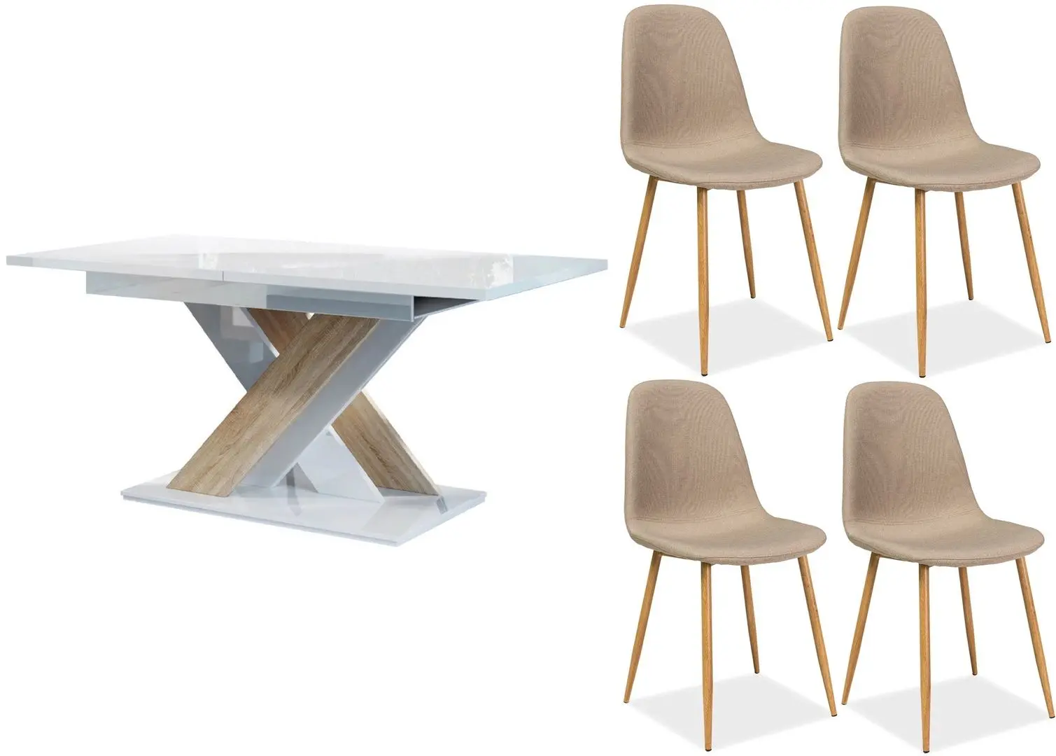 Set de sufragerie Mirjan24 Lezuma/Bronx White Gloss/Sonoma Oak + Signal Fox Beige/Oak