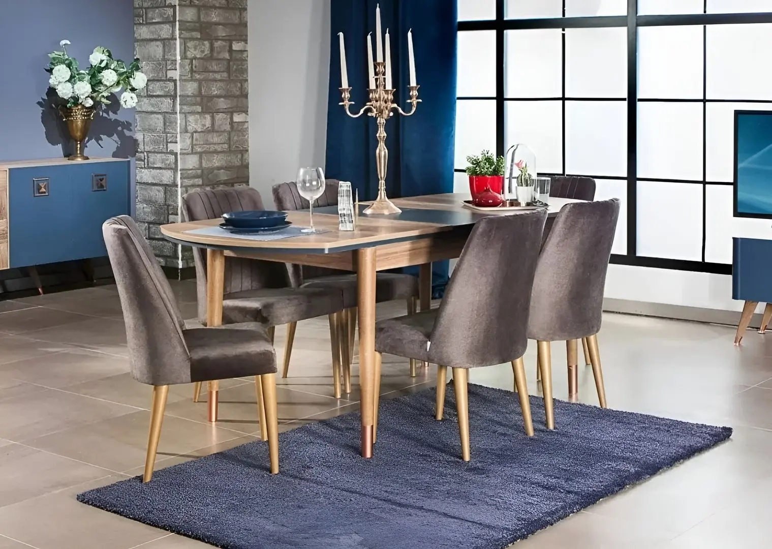 Set de sufragerie ModaLife Blueline 1+6 (Blue/Wood)