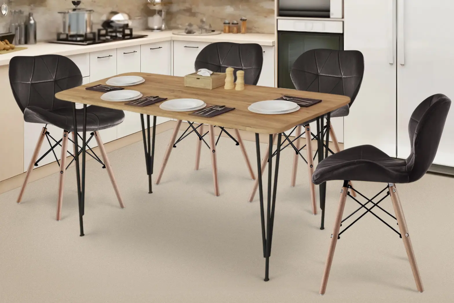 Обеденный набор Prestige Pyramid Leg 60x120 Pine/Black + Sunrise C-22 Black/Beech (1+4)