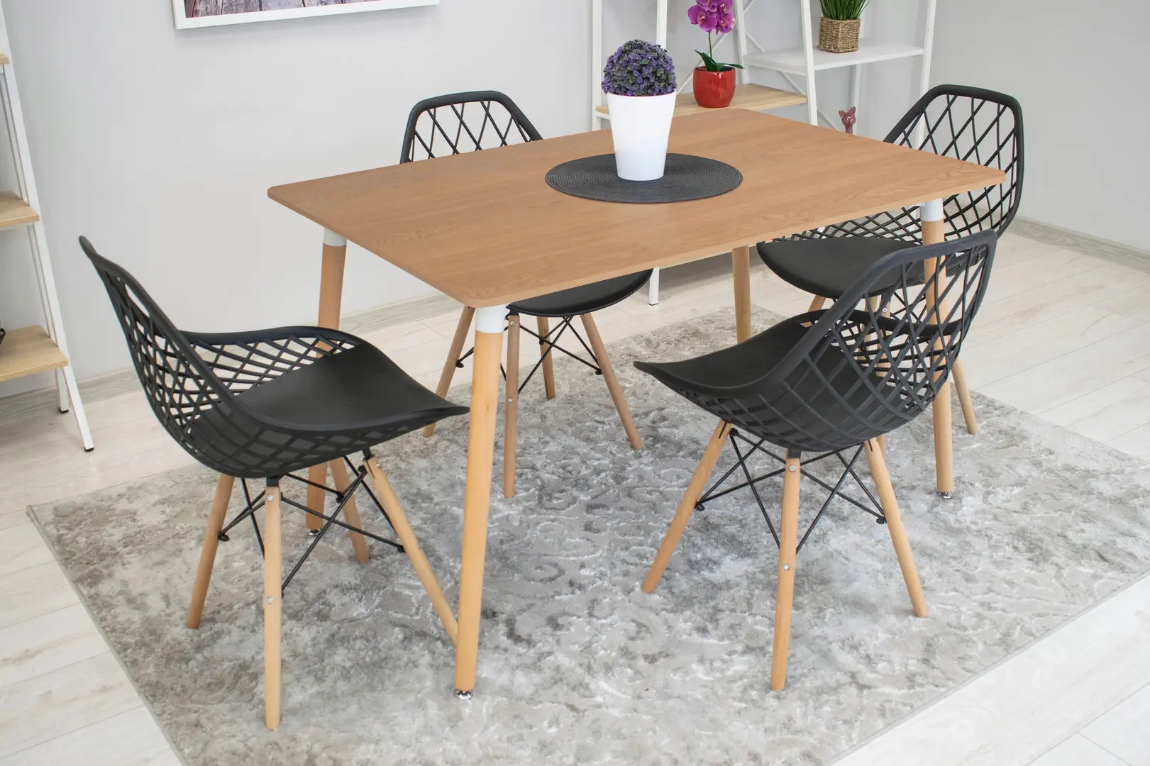 Set de sufragerie Sunrise T-03 Sonoma Oak/Beech + C-73 PP Black/Beech (1+4)