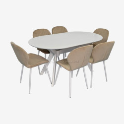 Set masa + 6 scaune Evelin Raffles Oval + YTC-064Wh UF910-01 (White/Light Beige)