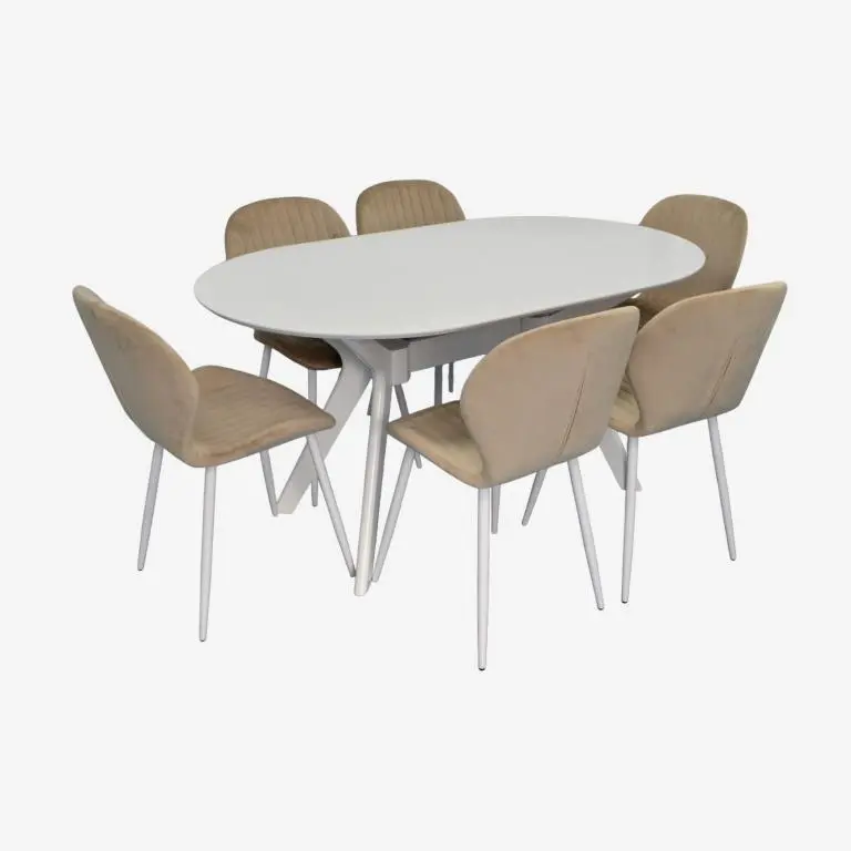Set masa + 6 scaune Evelin Raffles Oval + YTC-064Wh UF910-01 (White/Light Beige)