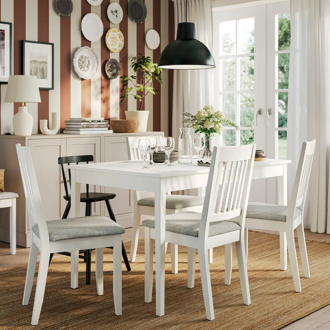 Комплект стол + 4 стула Ikea Nasinge/Tibbleby 130/190x80 (Белый/Серо-бежевый)