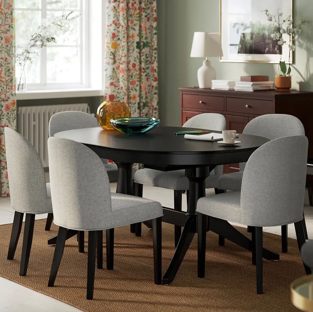 Комплект стол + 6 стульев Ikea Rosentorp/Tibbleby (Черный/Серо-бежевый)