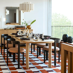 Set masa + 6 scaune Ikea Stockholm 2025 piele (Stejar/Maro inchis)