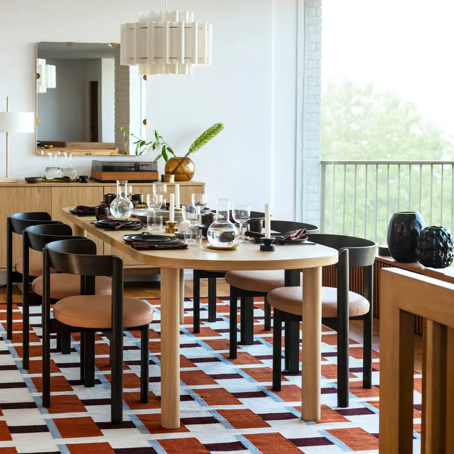 Set masa + 6 scaune Ikea Stockholm 2025 piele (Stejar/Maro inchis)