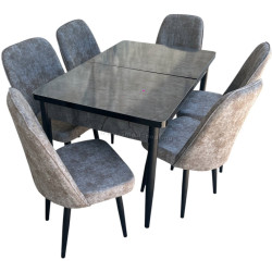 Set de sufragerie Magnusplus Loft Aris Antasit/KareGold Istiniya Acik 130/170x80 1+6 (Grey Marble/Grey/Black)