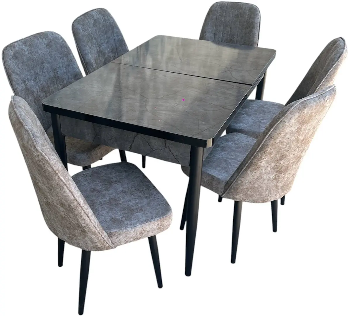 Set de sufragerie Magnusplus Loft Aris Antasit/KareGold Istiniya Acik 130/170x80 1+6 (Grey Marble/Grey/Black)