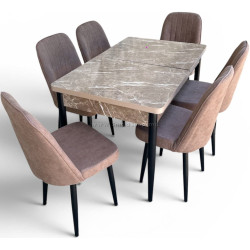 Set de sufragerie Magnusplus Loft Belek/KareGold Istiniya Khave 130/170x80 1+6 (Light Brown Marble/Brown/Black)