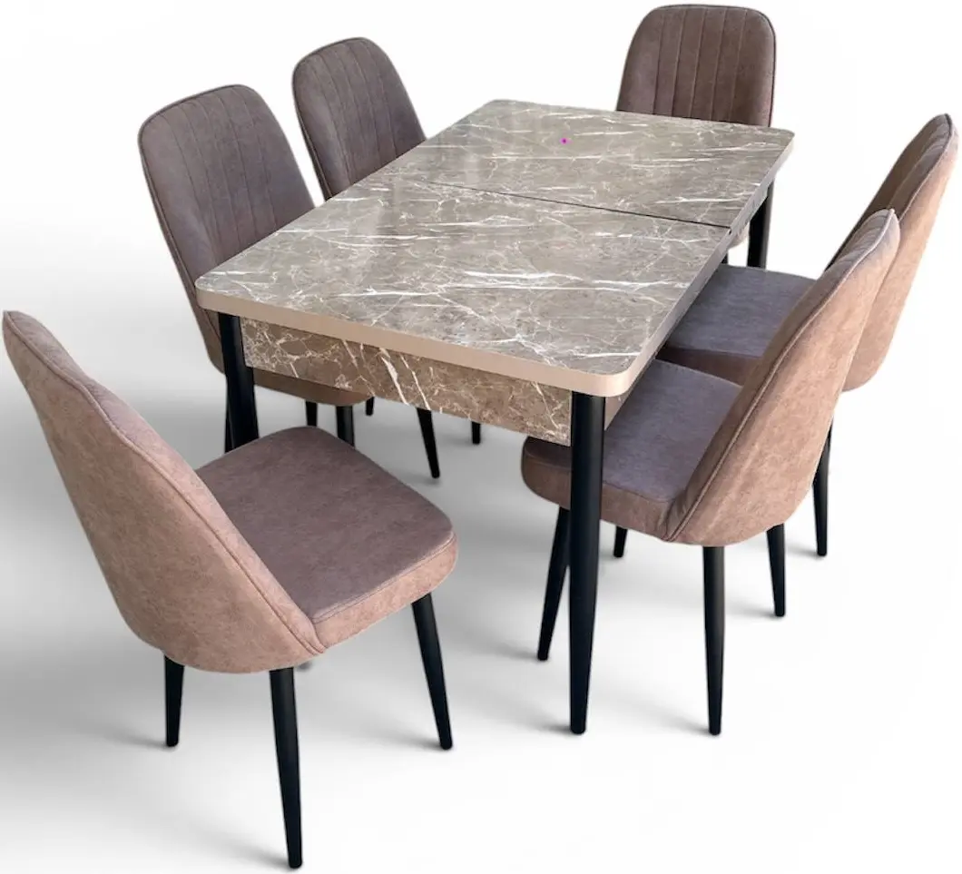Set de sufragerie Magnusplus Loft Belek/KareGold Istiniya Khave 130/170x80 1+6 (Light Brown Marble/Brown/Black)