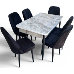 Set de sufragerie Magnusplus Loft Bermuda/KareGold Babyface Siyah 130/170x80 1+6 (Light Grey Marble/Black)