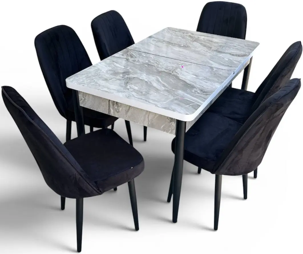 Set de sufragerie Magnusplus Loft Bermuda/KareGold Babyface Siyah 130/170x80 1+6 (Light Grey Marble/Black)