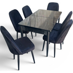 Обеденный набор Magnusplus Loft Siyah/KareGold Babyface 130/170x80 1+6 (Black Marble/Black)