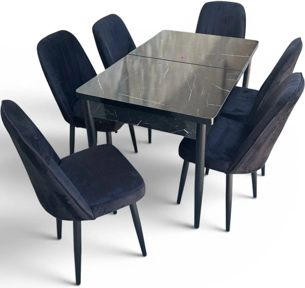 Обеденный набор Magnusplus Loft Siyah/KareGold Babyface 130/170x80 1+6 (Black Marble/Black)
