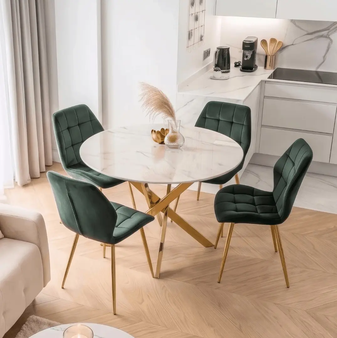 Обеденный набор 1+4 Mebel Elite Bali 100 Lucky (White Marble/Gold/Green)