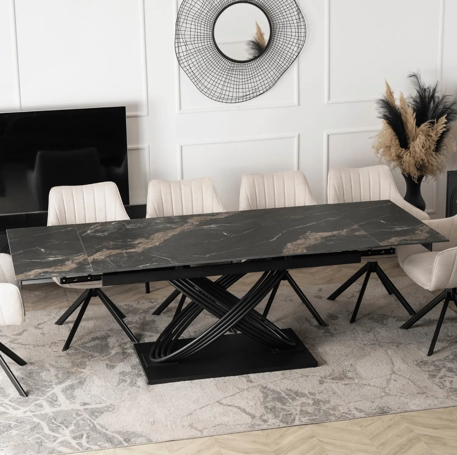 Обеденный набор 1+4 Mebel Elite Ibiza 160/240 Mumbai (Black Marble/Black/Cream) - 9
