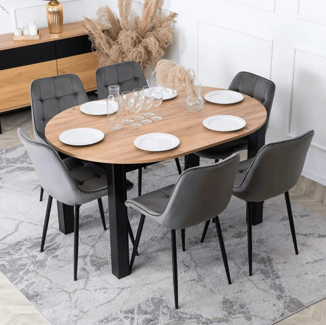 Set masa si scaune 1+6 Mebel Elite Harry 102/142 Chris (Craft Oak/Black/Grey)