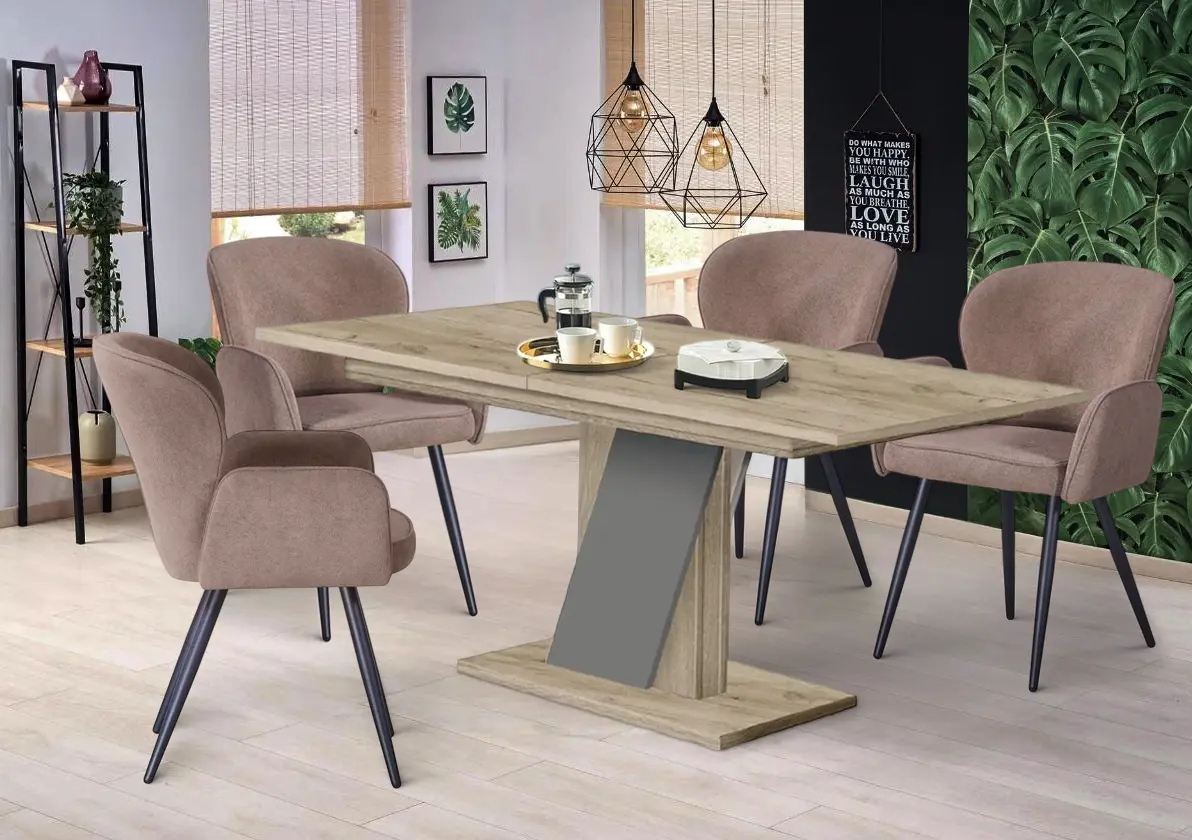 Set de sufragerie Modern Slider 140/180x80x80 Craft Oak Gray/Slate Gray + Fabrik Home Rio Light Brown (1+4)