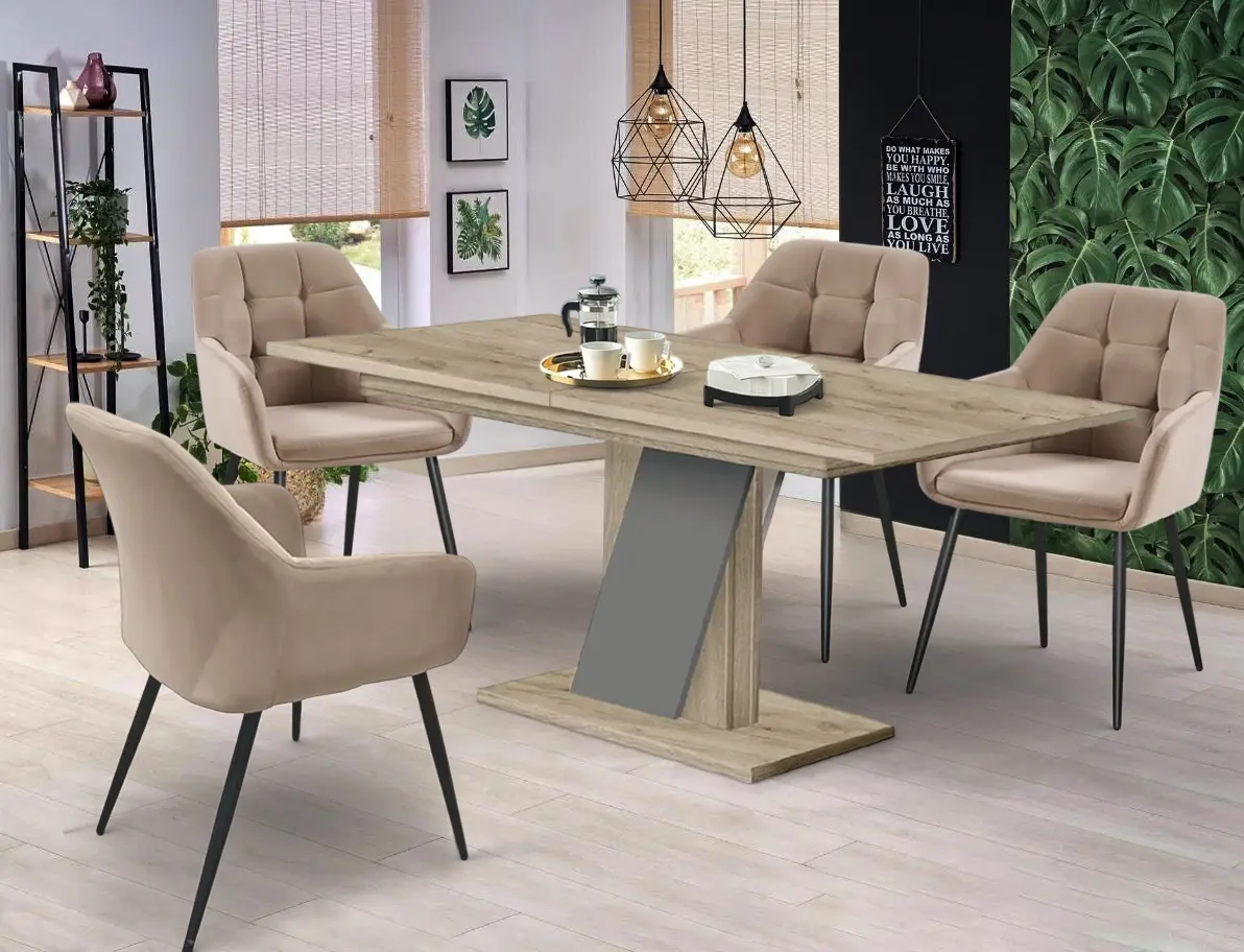 Set de sufragerie Modern Slider 140/180x80x80 Craft Oak Gray/Slate Gray + Fabrik Home Ugo Light Brown (1+4)