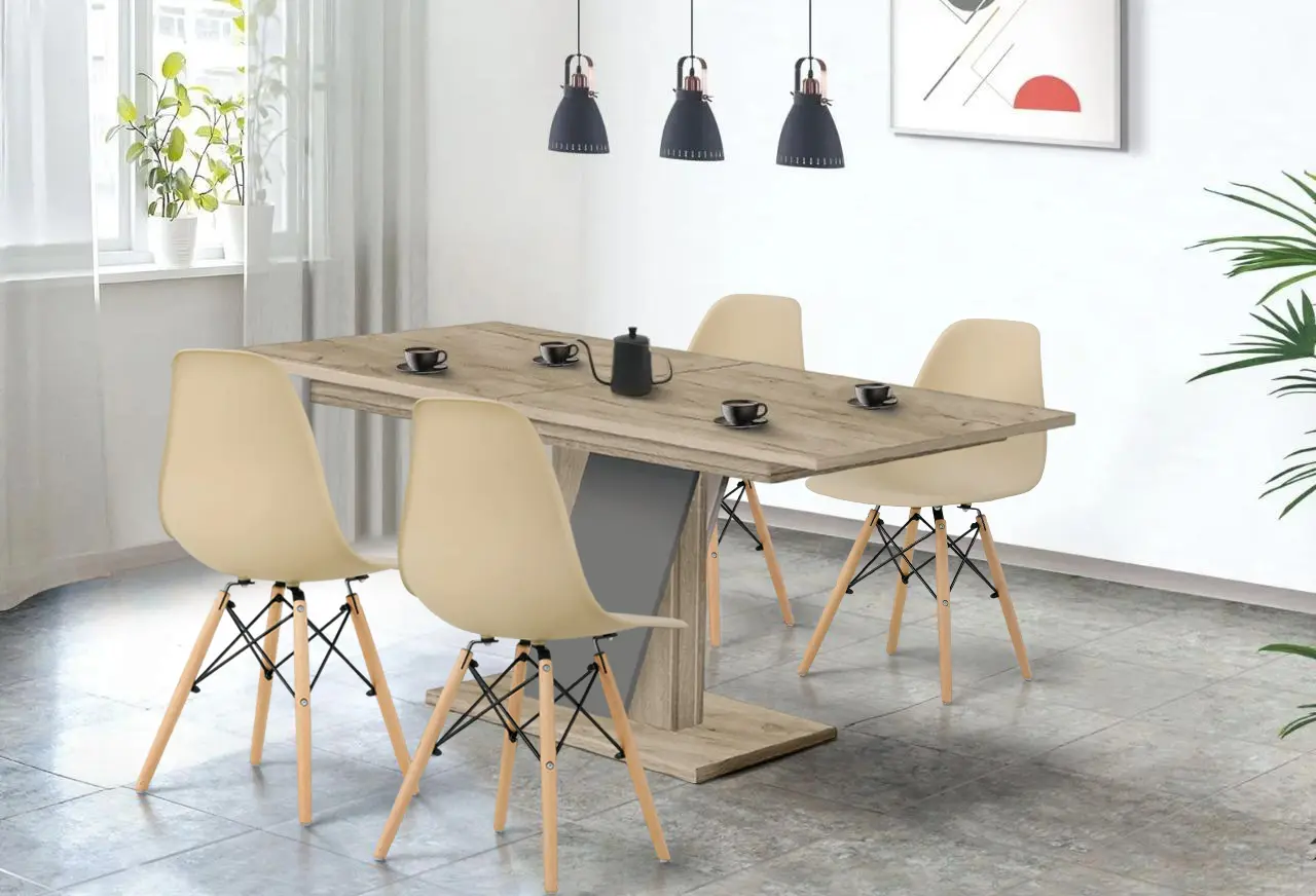 Set de sufragerie Modern Slider 140/180x80x80 Craft Oak Gray/Slate Gray + Sunrise C-01 Beige/Beech (1+4)