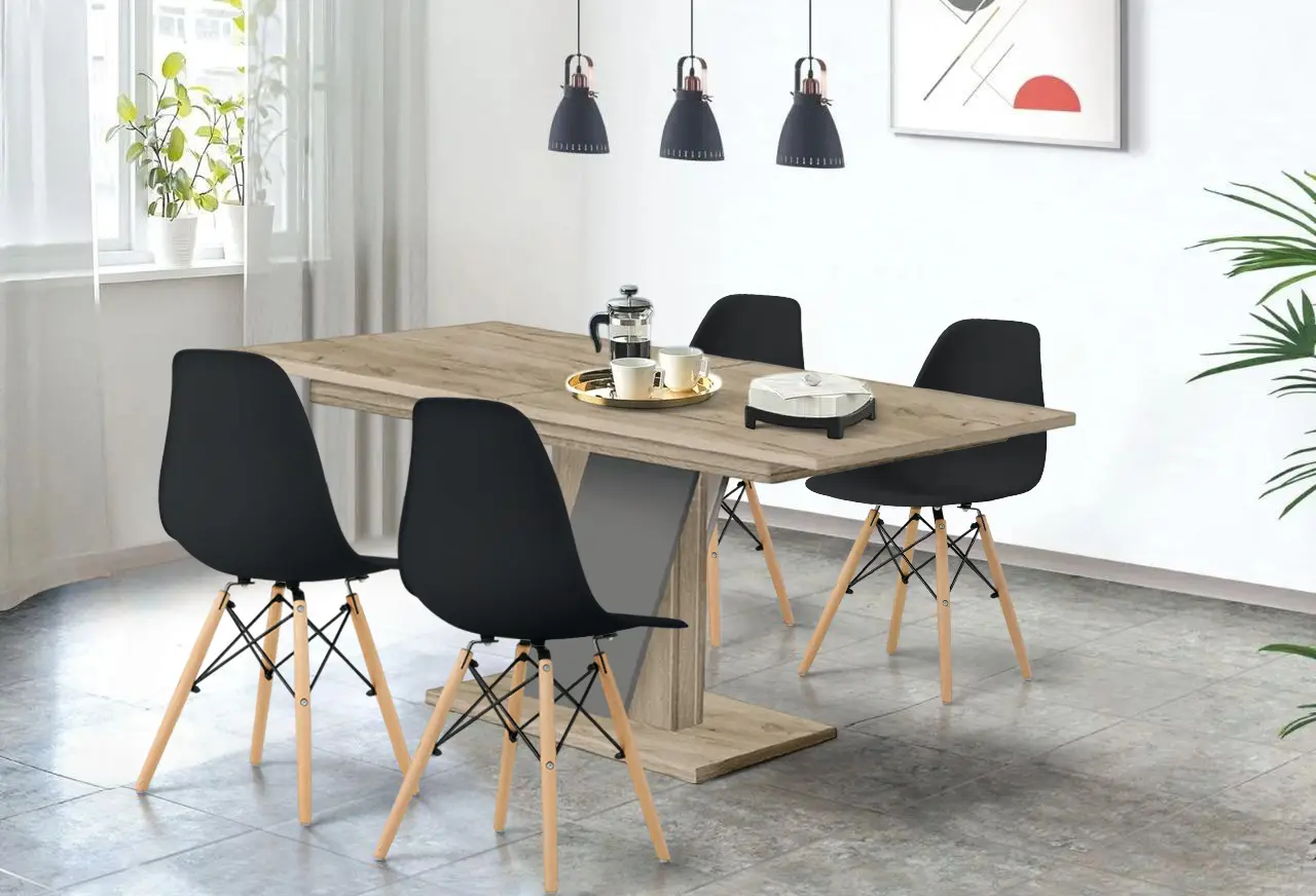 Set de sufragerie Modern Slider 140/180x80x80 Craft Oak Gray/Slate Gray + Sunrise C-01 Black/Beech (1+4)