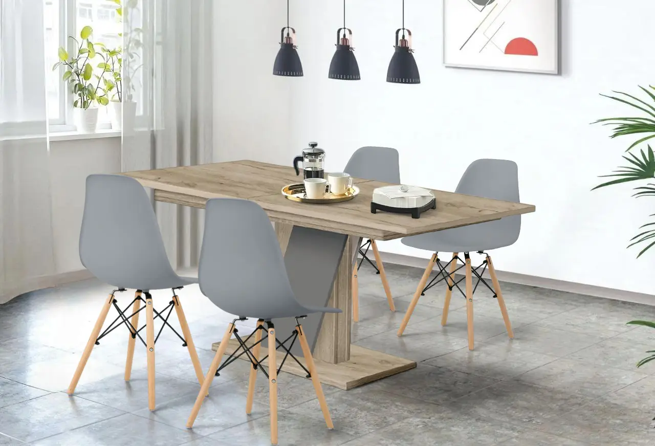 Set de sufragerie Modern Slider 140/180x80x80 Craft Oak Gray/Slate Gray + Sunrise C-01 Gray/Beech (1+4)