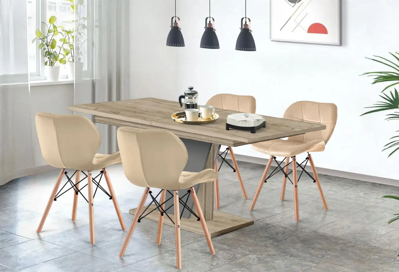 Set de sufragerie Modern Slider 140/180x80x80 Craft Oak Gray/Slate Gray + Sunrise C-22 Beige/Beech (1+4)