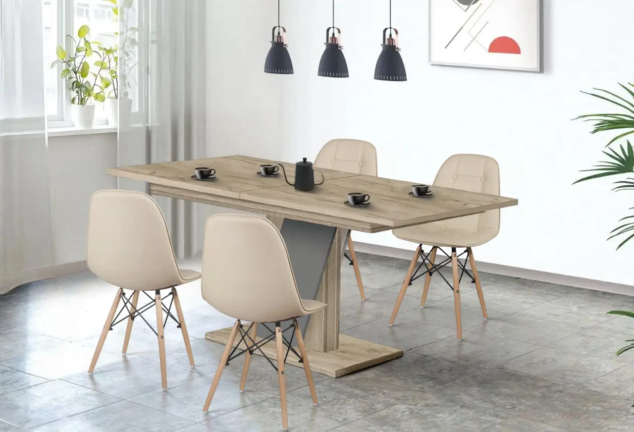 Set de sufragerie Modern Slider 140/180x80x80 Craft Oak Gray/Slate Gray + Sunrise C-24 PU Beige/Beech (1+4)