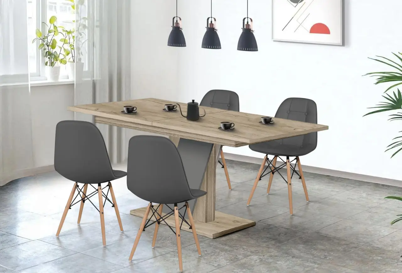 Set de sufragerie Modern Slider 140/180x80x80 Craft Oak Gray/Slate Gray + Sunrise C-24 PU Gray/Beech (1+4)