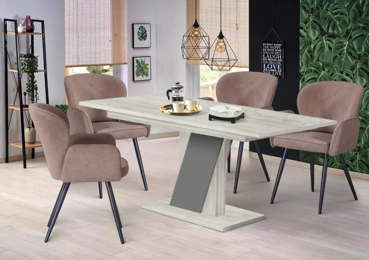 Set de sufragerie Modern Slider 140/180x80x80 Craft Oak White/Slate Gray + Fabrik Home Rio Light Brown (1+4)