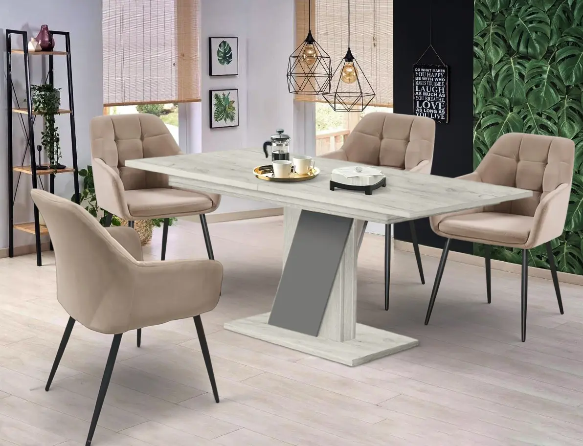 Set de sufragerie Modern Slider 140/180x80x80 Craft Oak White/Slate Gray + Fabrik Home Ugo Light Brown (1+4)