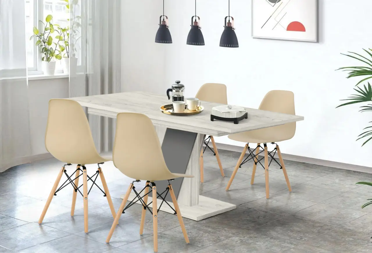 Обеденный набор Modern Slider 140/180x80x80 Craft Oak White/Slate Gray + Sunrise C-01 Beige/Beech (1+4)