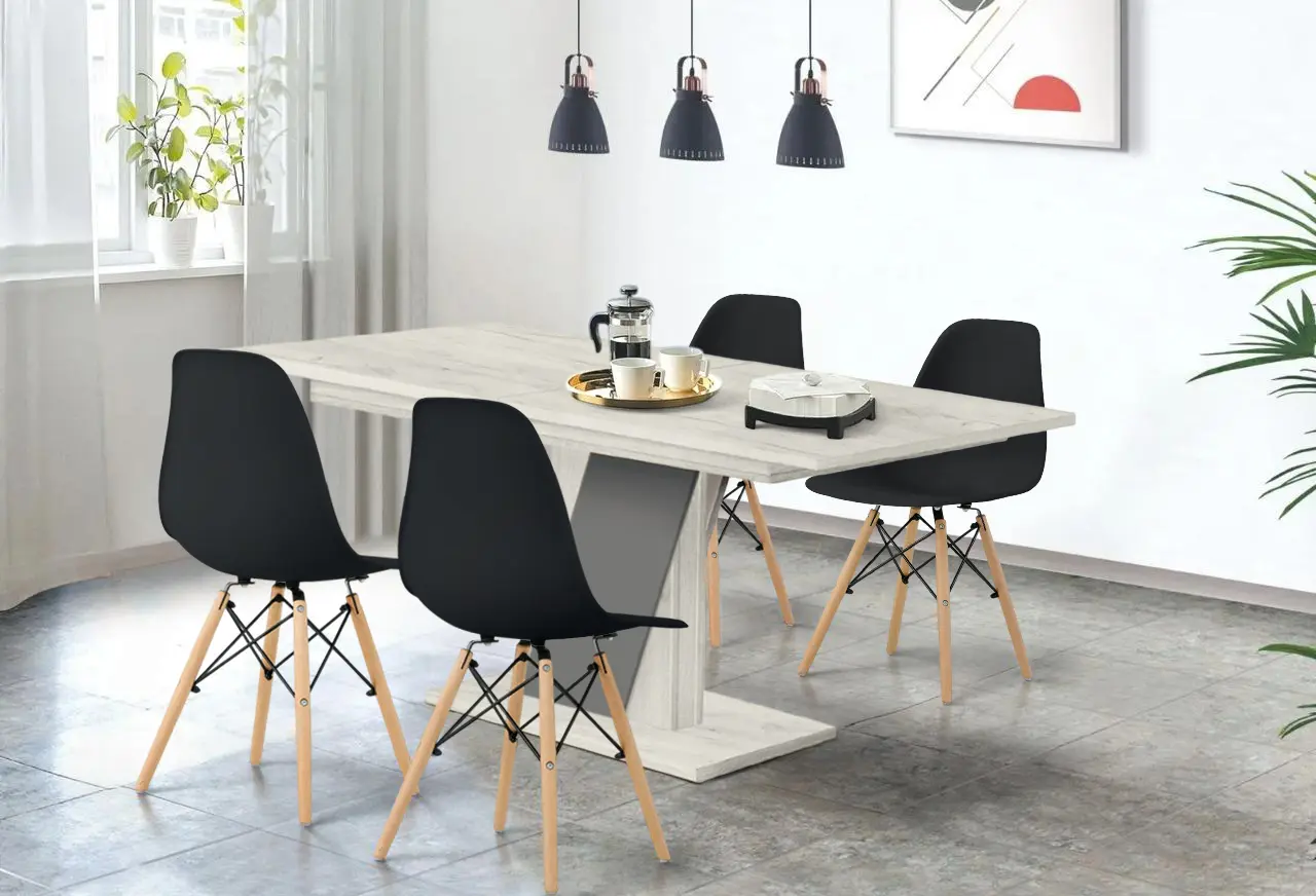 Set de sufragerie Modern Slider 140/180x80x80 Craft Oak White/Slate Gray + Sunrise C-01 Black/Beech (1+4)