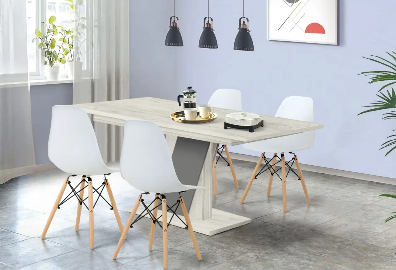 Set de sufragerie Modern Slider 140/180x80x80 Craft Oak White/Slate Gray + Sunrise C-01 White/Beech (1+4)