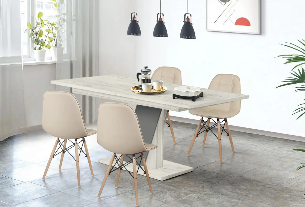 Set de sufragerie Modern Slider 140/180x80x80 Craft Oak White/Slate Gray + Sunrise C-24 PU Beige/Beech (1+4)