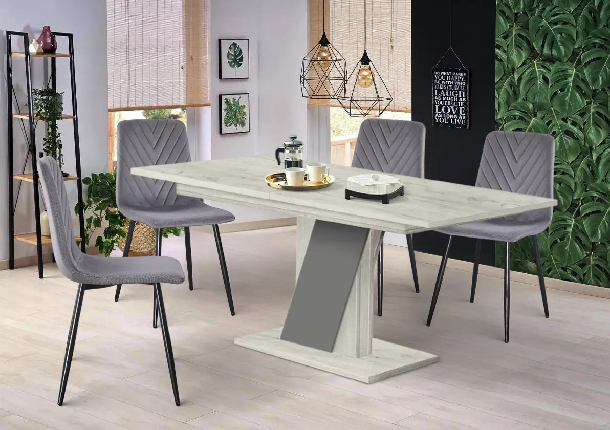 Set de sufragerie Modern Slider 140/180x80x80 Craft Oak White/Slate Gray + Yasen DC 5012 S Grey/Black (1+4)