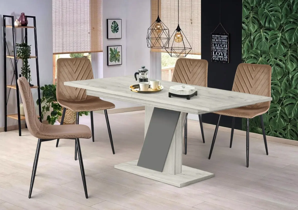 Set de sufragerie Modern Slider 140/180x80x80 Craft Oak White/Slate Gray + Yasen DC 5012 S Golden Brown/Black (1+4)