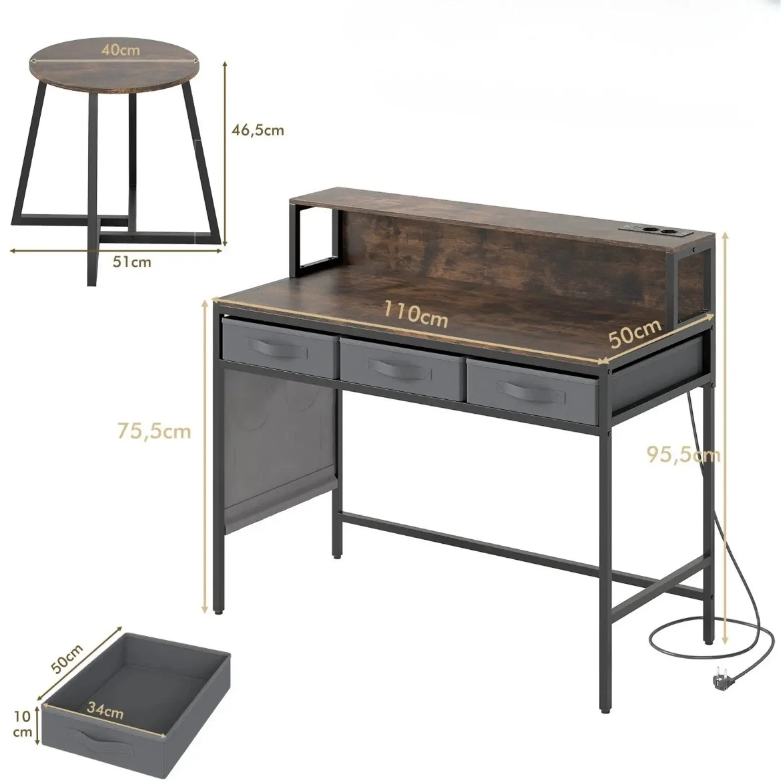 Письменный стол с табуретом Costway HU11211DE-CF (Brown) - 4