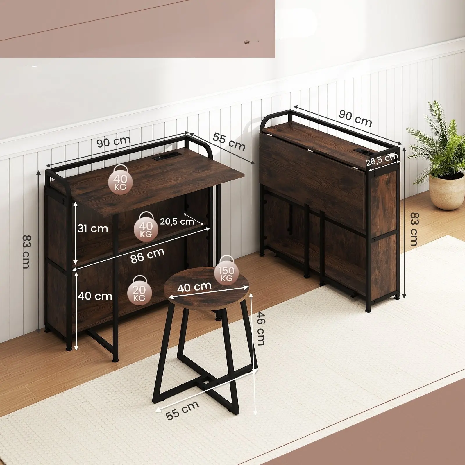 Письменный стол с табуретом Costway HW73003DE-CF (Brown) - 4