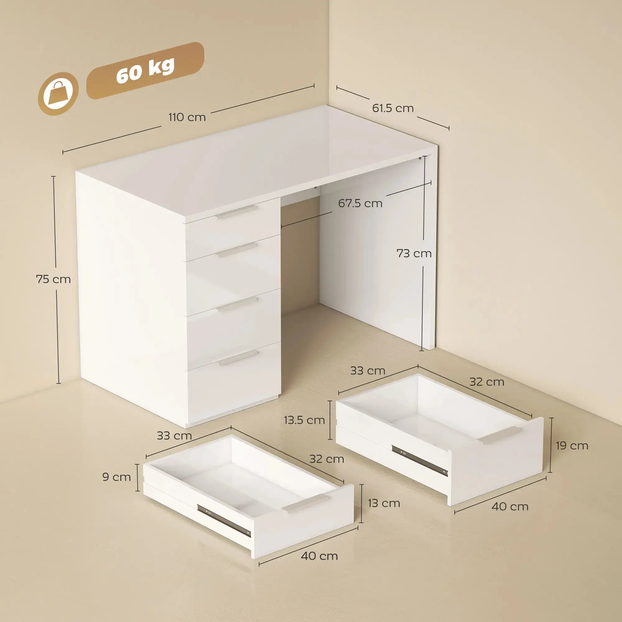 Masa birou Homcom 836-678V00WT (White Gloss) - 4