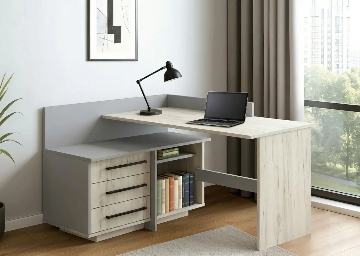 Masa de birou Modern 129x85x100 colt 7 (Craft Oak White/Slate Gray)
