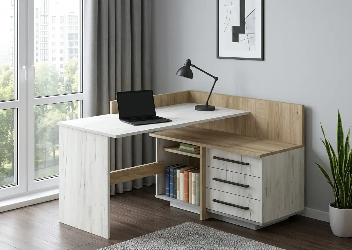 Masa de birou Modern 129x85x100 colt Г (Craft Oak White/Craft Oak Gray)
