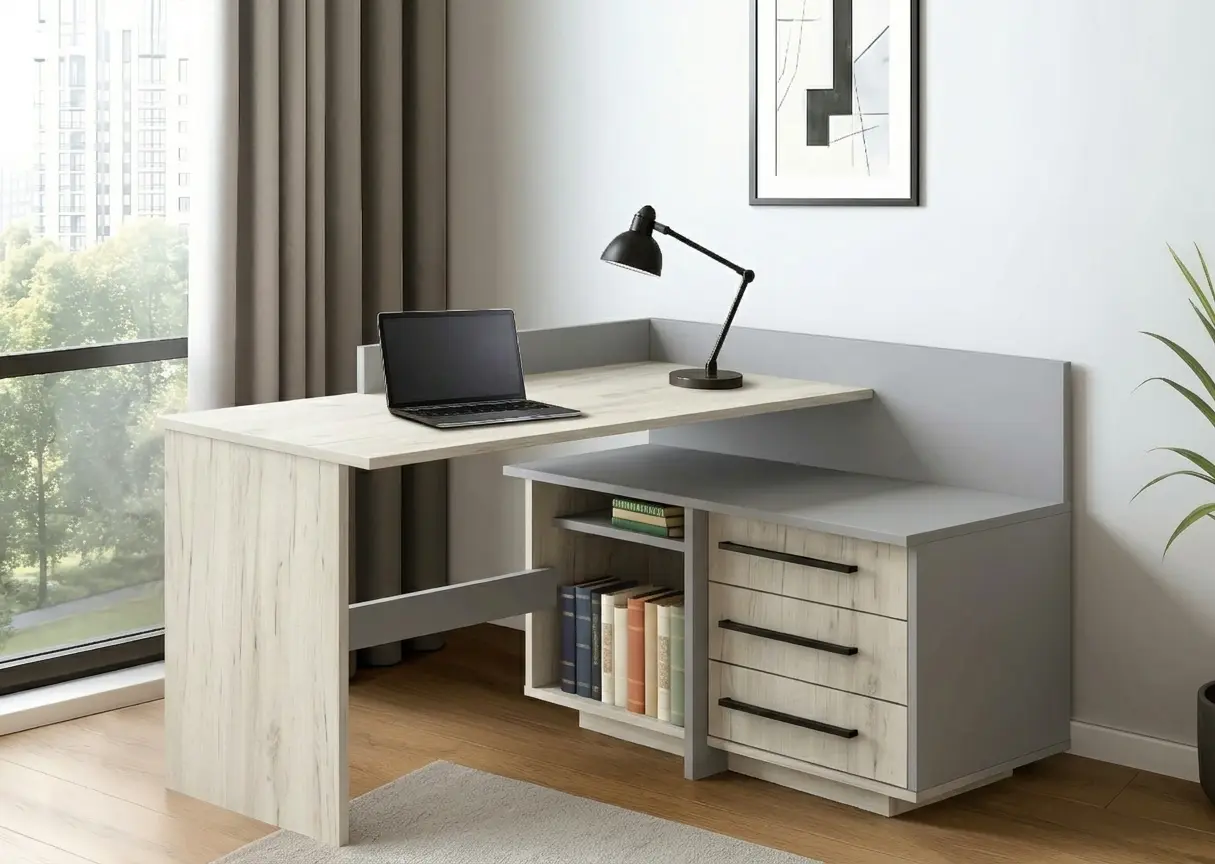Masa de birou Modern 129x85x100 colt Г (Craft Oak White/Slate Gray)
